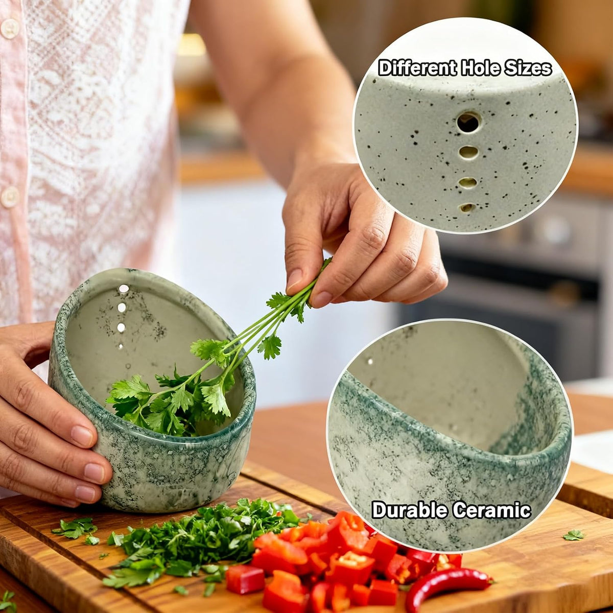 Pottery Herb Stripper Bowl, Upgrade Pottery Herb Stripper Bowl, Handmade Ceramic Herb Peeling Cup with Different Round Hole Sizes for Peeling Off The Leafy Assembly (Dark Green)
