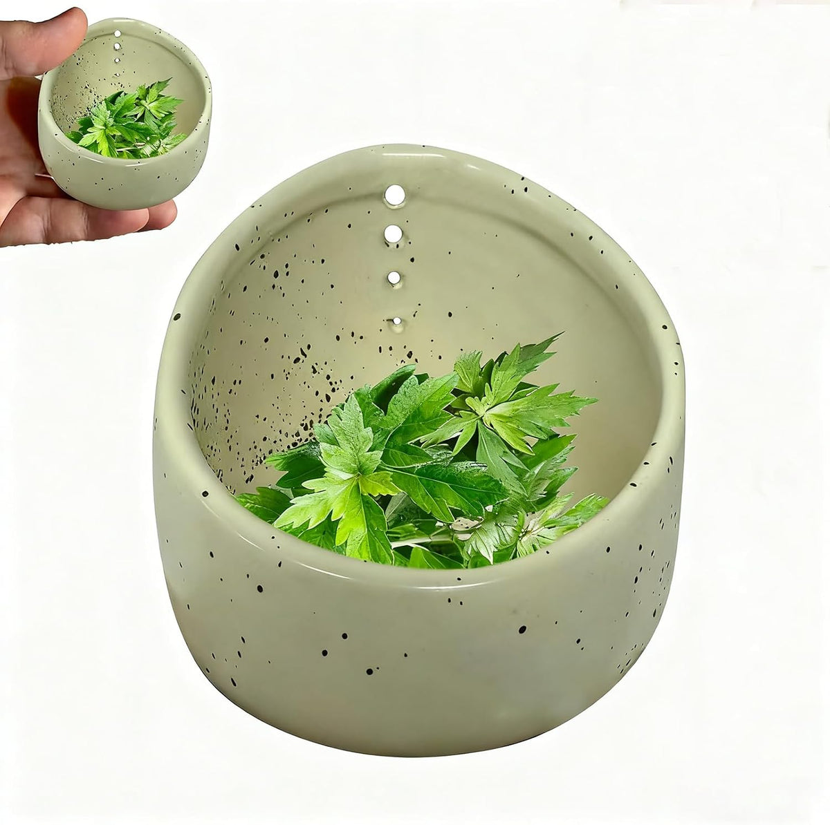 Pottery Herb Stripper Bowl, Upgrade Pottery Herb Stripper Bowl, Handmade Ceramic Herb Peeling Cup with Different Round Hole Sizes for Peeling Off The Leafy Assembly (Dark Green)