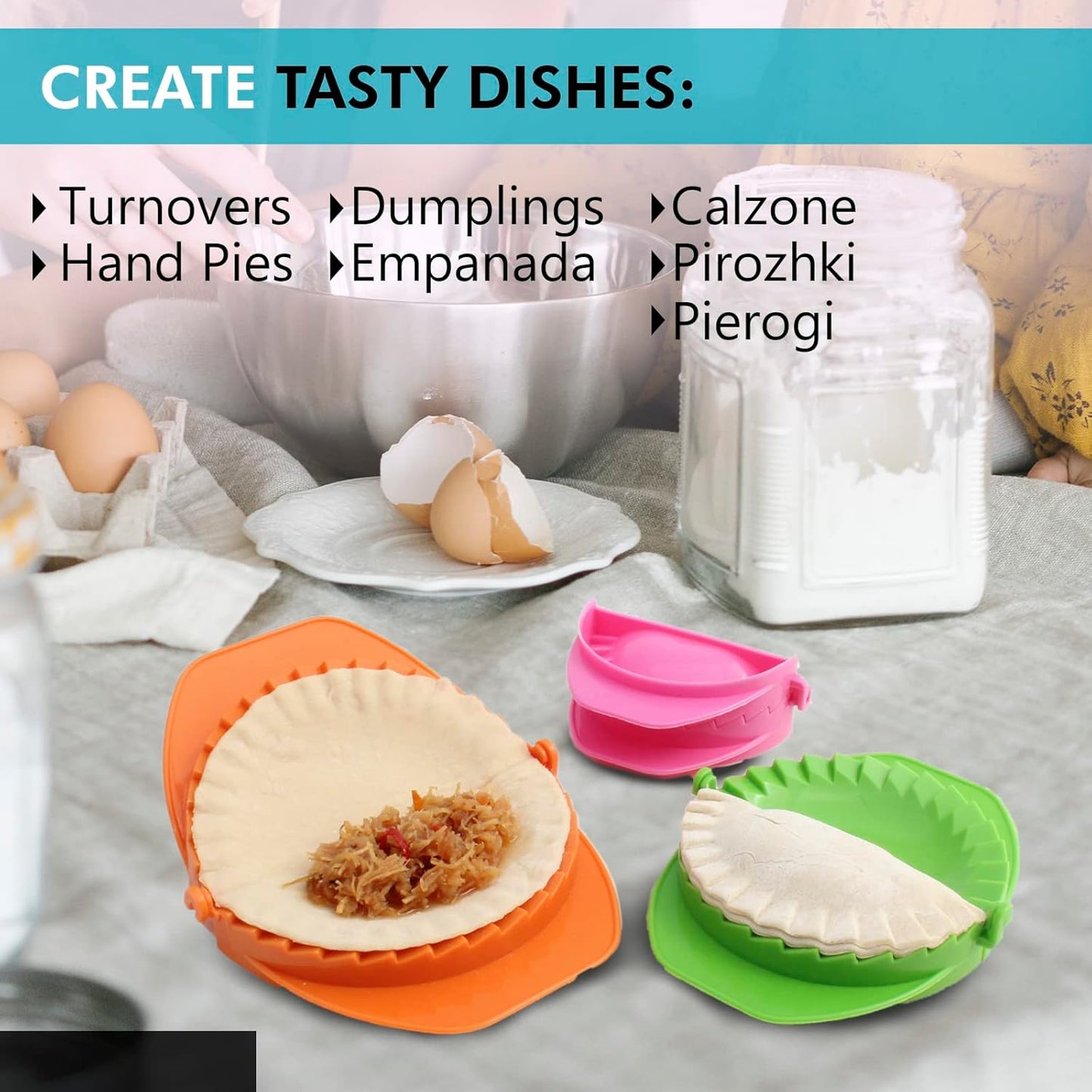 Set of 3 Dough Press - Plastic Pastry Shaper & Empanada Maker Press With Crimped Crust Edges - Kitchen Tools For Making Dumplings, Hand Pie, Ravioli, Pierogi, Turnover - 4”, 5”, 6”