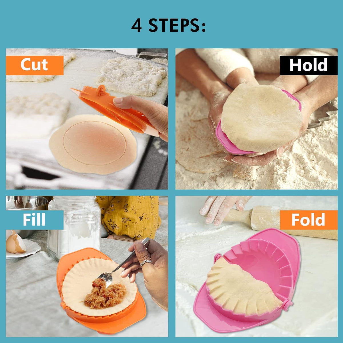 Set of 3 Dough Press - Plastic Pastry Shaper & Empanada Maker Press With Crimped Crust Edges - Kitchen Tools For Making Dumplings, Hand Pie, Ravioli, Pierogi, Turnover - 4”, 5”, 6”