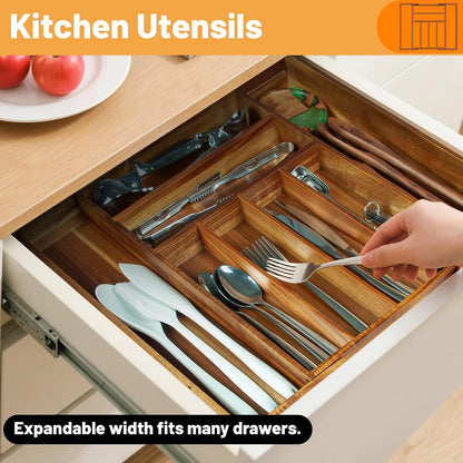 Acacia Wood Expandable Silverware Organizer, Kitchen Utensil Drawer Organizer for Forks & Spoons, 8-Compartment Cutlery Tray, Flatware Holder