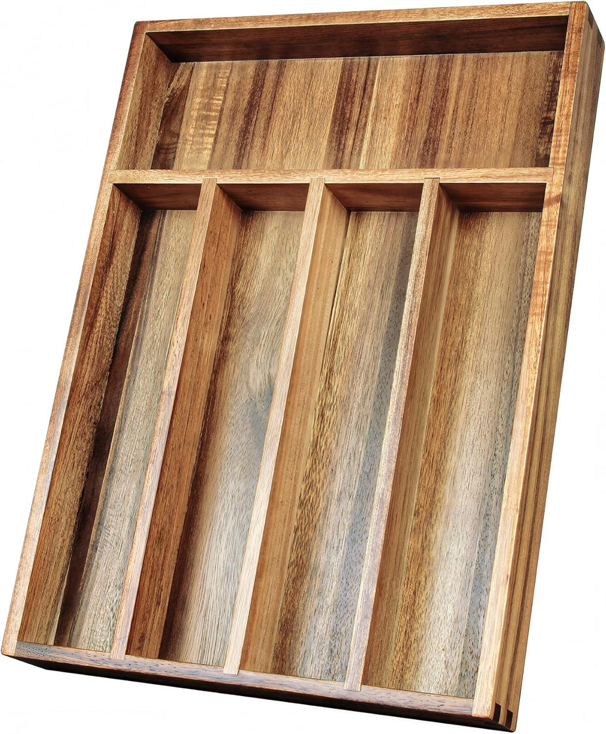 Acacia Wood Expandable Silverware Organizer, Kitchen Utensil Drawer Organizer for Forks & Spoons, 8-Compartment Cutlery Tray, Flatware Holder