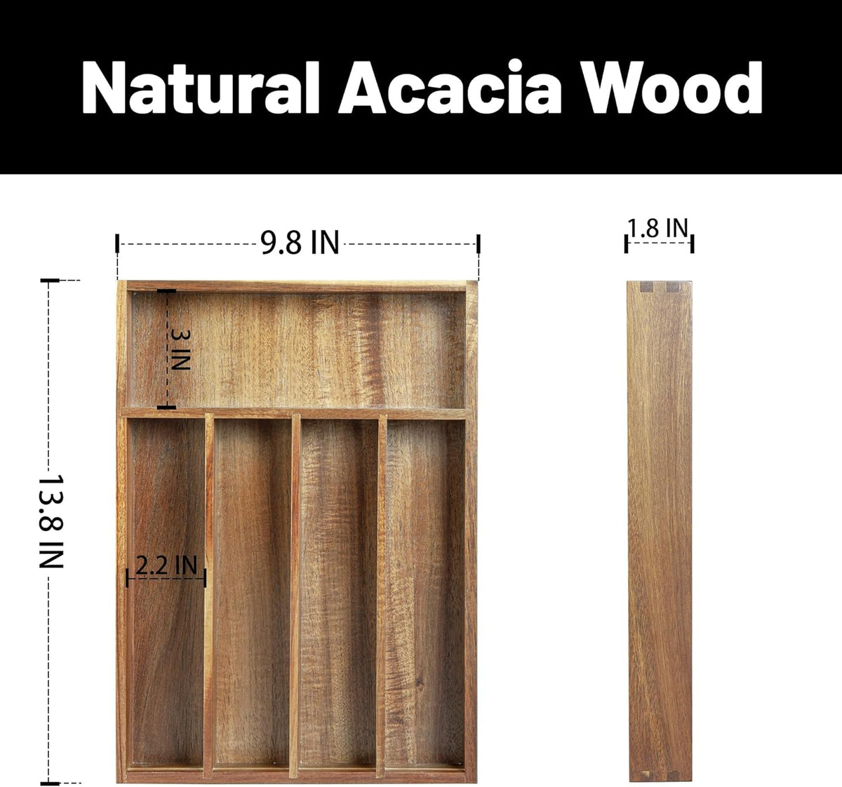 Acacia Wood Expandable Silverware Organizer, Kitchen Utensil Drawer Organizer for Forks & Spoons, 8-Compartment Cutlery Tray, Flatware Holder