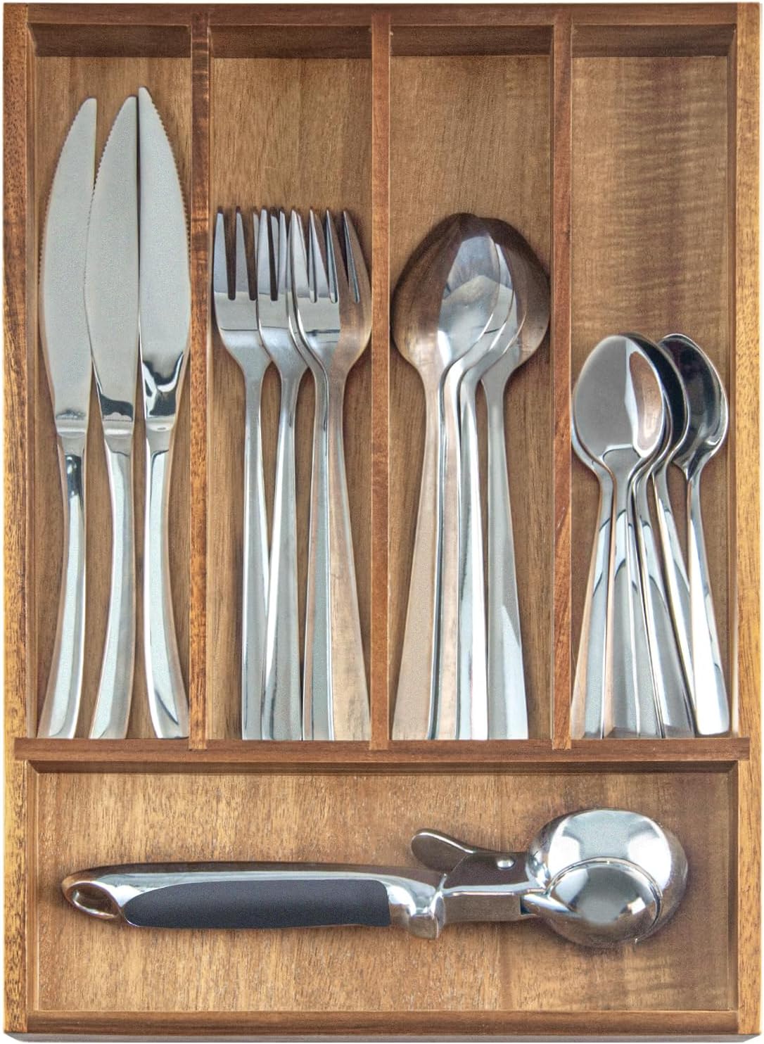 Acacia Wood Expandable Silverware Organizer, Kitchen Utensil Drawer Organizer for Forks & Spoons, 8-Compartment Cutlery Tray, Flatware Holder