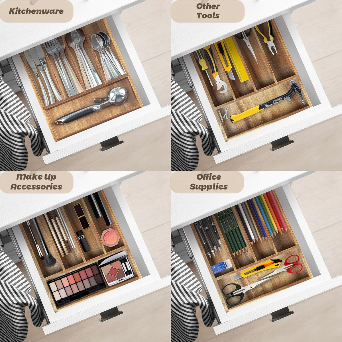 Acacia Wood Expandable Silverware Organizer, Kitchen Utensil Drawer Organizer for Forks & Spoons, 8-Compartment Cutlery Tray, Flatware Holder