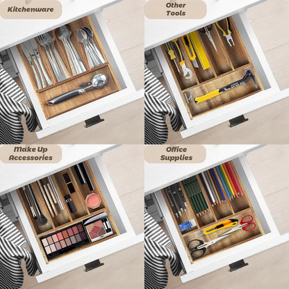 Acacia Wood Expandable Silverware Organizer, Kitchen Utensil Drawer Organizer for Forks & Spoons, 8-Compartment Cutlery Tray, Flatware Holder