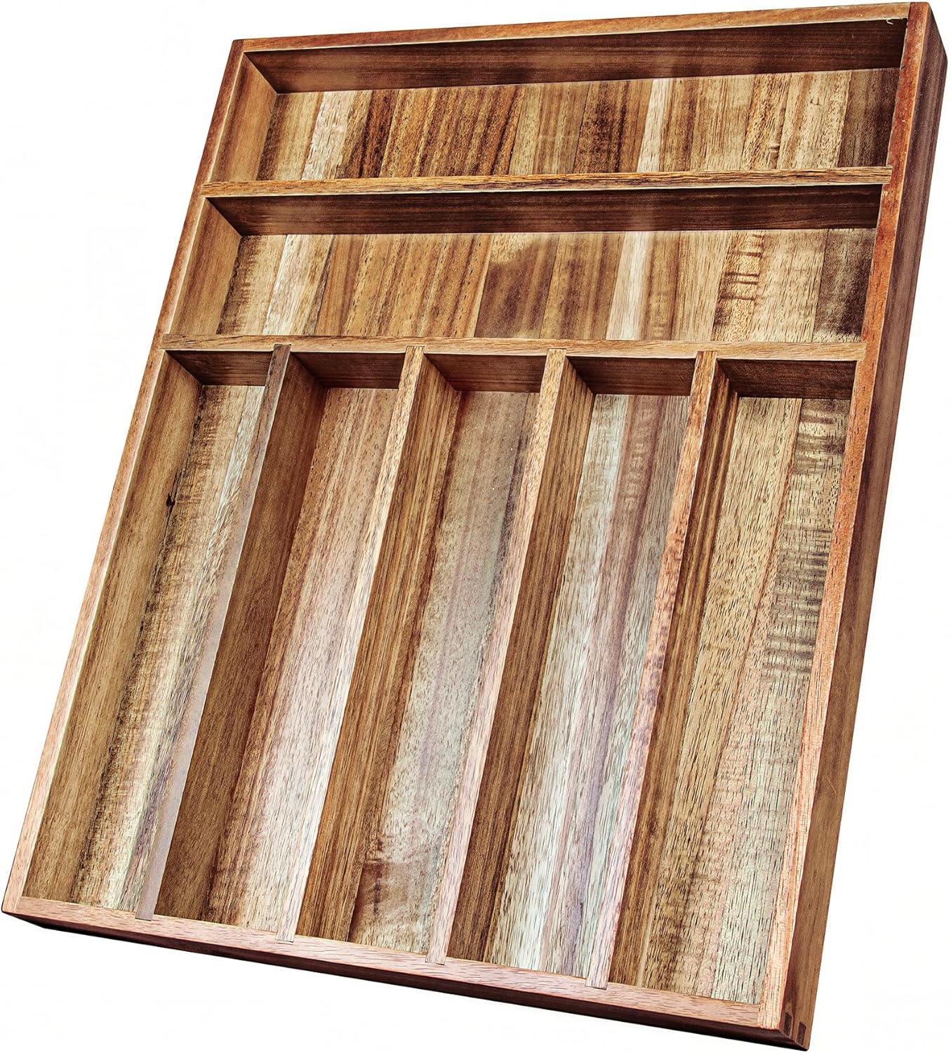 Acacia Wood Expandable Silverware Organizer, Kitchen Utensil Drawer Organizer for Forks & Spoons, 8-Compartment Cutlery Tray, Flatware Holder