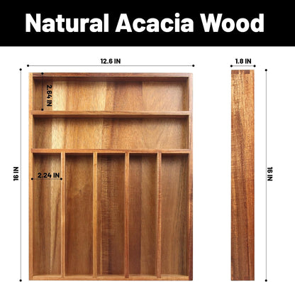 Acacia Wood Expandable Silverware Organizer, Kitchen Utensil Drawer Organizer for Forks & Spoons, 8-Compartment Cutlery Tray, Flatware Holder
