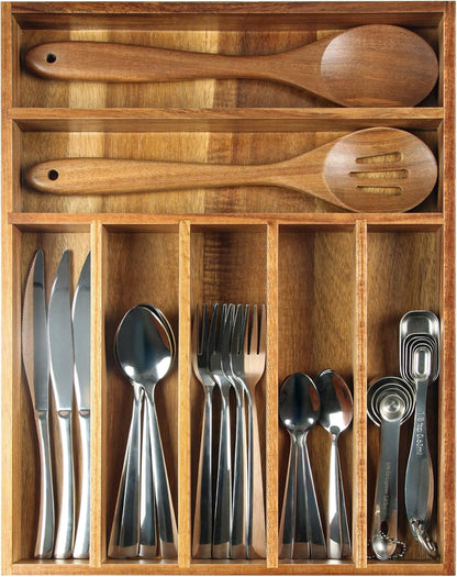 Acacia Wood Expandable Silverware Organizer, Kitchen Utensil Drawer Organizer for Forks & Spoons, 8-Compartment Cutlery Tray, Flatware Holder