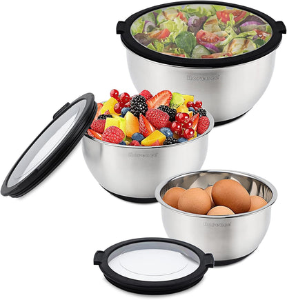Stainless Steel Mixing Bowls with Lids Set of 3, 1.5/3/5QT