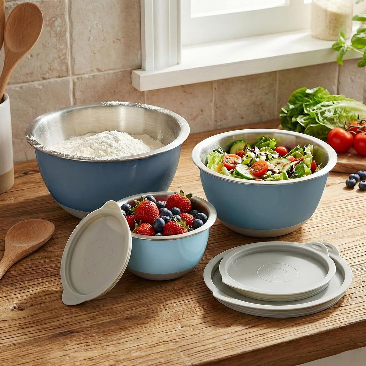 Stainless Steel Mixing Bowls with Lids Set of 3, 1.5/3/5QT