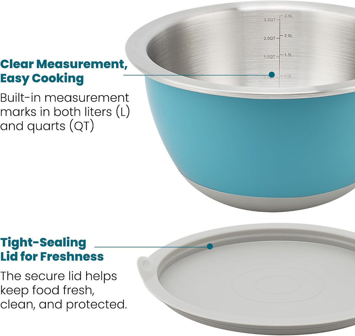 Stainless Steel Mixing Bowls with Lids Set of 3, 1.5/3/5QT