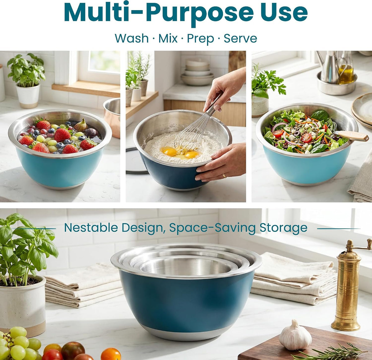 Stainless Steel Mixing Bowls with Lids Set of 3, 1.5/3/5QT