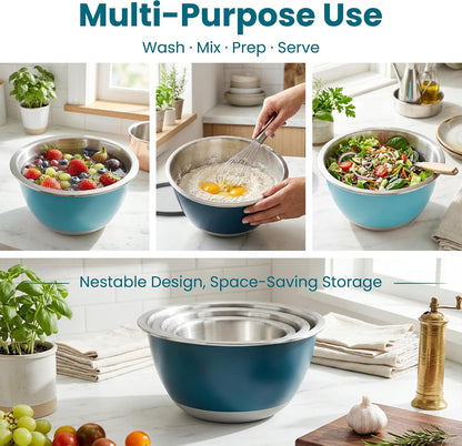 Stainless Steel Mixing Bowls with Lids Set of 3, 1.5/3/5QT