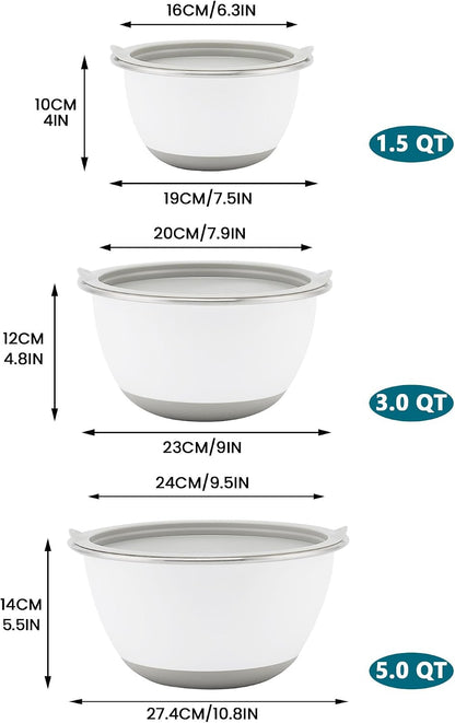 Stainless Steel Mixing Bowls with Lids Set of 3, 1.5/3/5QT