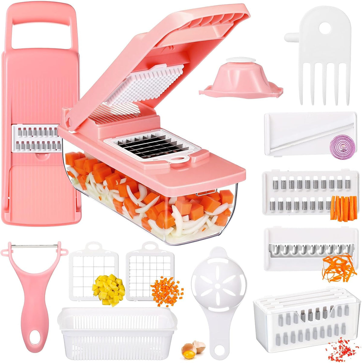Pink Vegetable Chopper 16-in-1 Heavy Duty Food Chopper with Container Kitchen Spiralizer Gadgets for French Fry Onion Potato and Salad Cutter, Kitchen Tool
