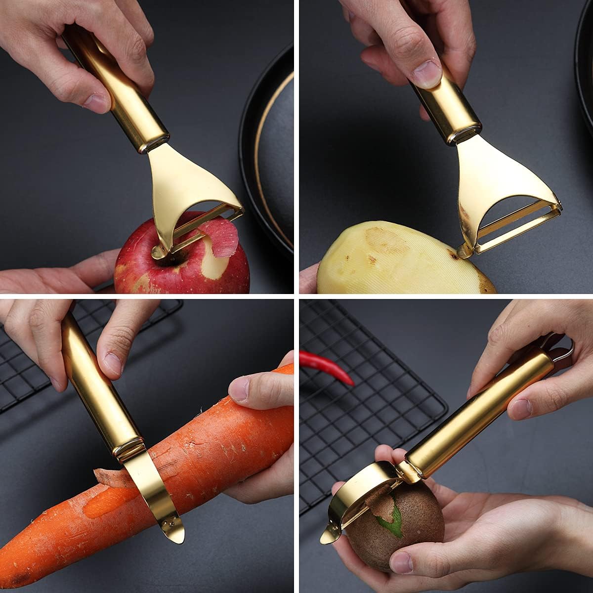 Gold Potato Vegetable And Fruit Peelers For Kitchen, Titanium Gold Plating Stainless Steel Peelers,Sharp Blade And Ergonomic Non Slip Easy To Grip Set Of 2