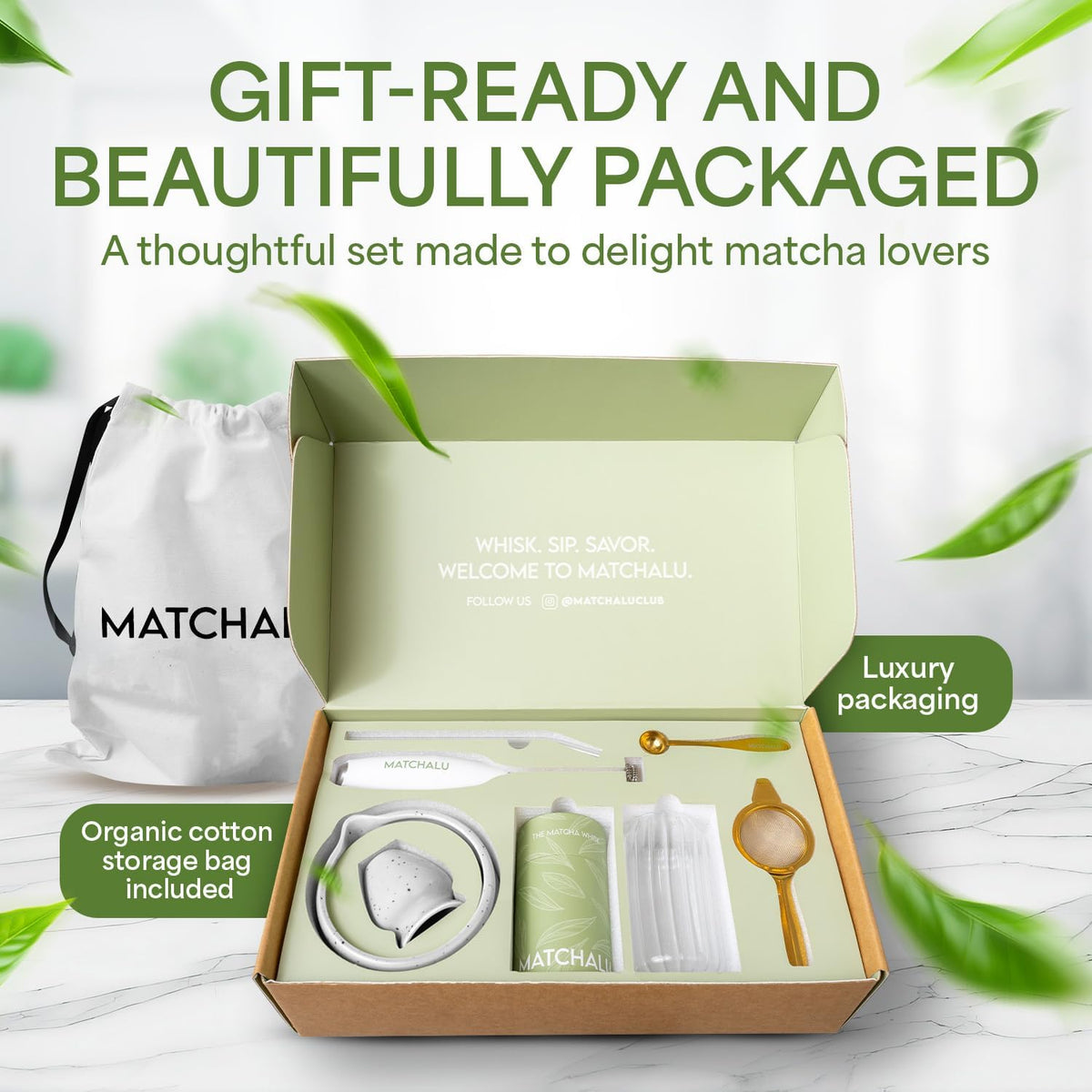 Matcha Whisk Set With Ceramic Matcha Bowl, Bamboo Whisk & Holder, Stainless Steel Spoon & Sifter, Glass Cup & Straw, Electric Frother, Storage Bag - Gift for Matcha Lovers (Premium 9-Piece Set White)
