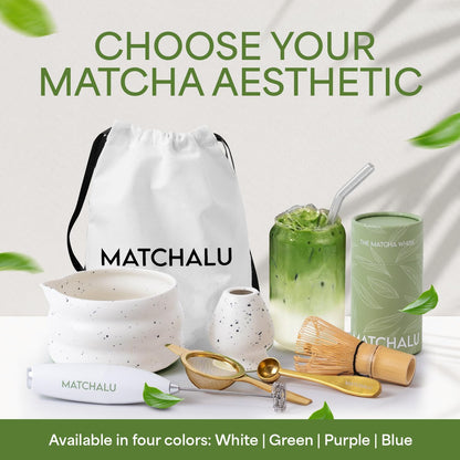 Matcha Whisk Set With Ceramic Matcha Bowl, Bamboo Whisk & Holder, Stainless Steel Spoon & Sifter, Glass Cup & Straw, Electric Frother, Storage Bag - Gift for Matcha Lovers (Premium 9-Piece Set White)