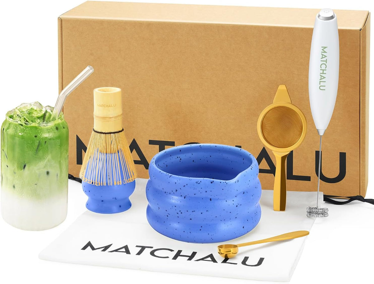 Matcha Whisk Set With Ceramic Matcha Bowl, Bamboo Whisk & Holder, Stainless Steel Spoon & Sifter, Glass Cup & Straw, Electric Frother, Storage Bag - Gift for Matcha Lovers (Premium 9-Piece Set White)