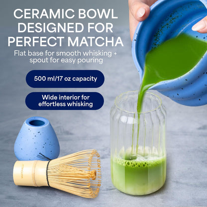 Matcha Whisk Set With Ceramic Matcha Bowl, Bamboo Whisk & Holder, Stainless Steel Spoon & Sifter, Glass Cup & Straw, Electric Frother, Storage Bag - Gift for Matcha Lovers (Premium 9-Piece Set White)