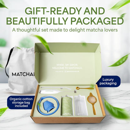 Matcha Whisk Set With Ceramic Matcha Bowl, Bamboo Whisk & Holder, Stainless Steel Spoon & Sifter, Glass Cup & Straw, Electric Frother, Storage Bag - Gift for Matcha Lovers (Premium 9-Piece Set White)