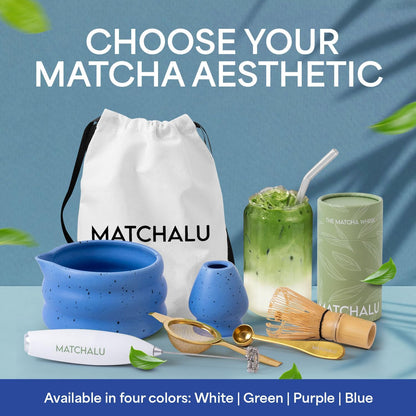 Matcha Whisk Set With Ceramic Matcha Bowl, Bamboo Whisk & Holder, Stainless Steel Spoon & Sifter, Glass Cup & Straw, Electric Frother, Storage Bag - Gift for Matcha Lovers (Premium 9-Piece Set White)