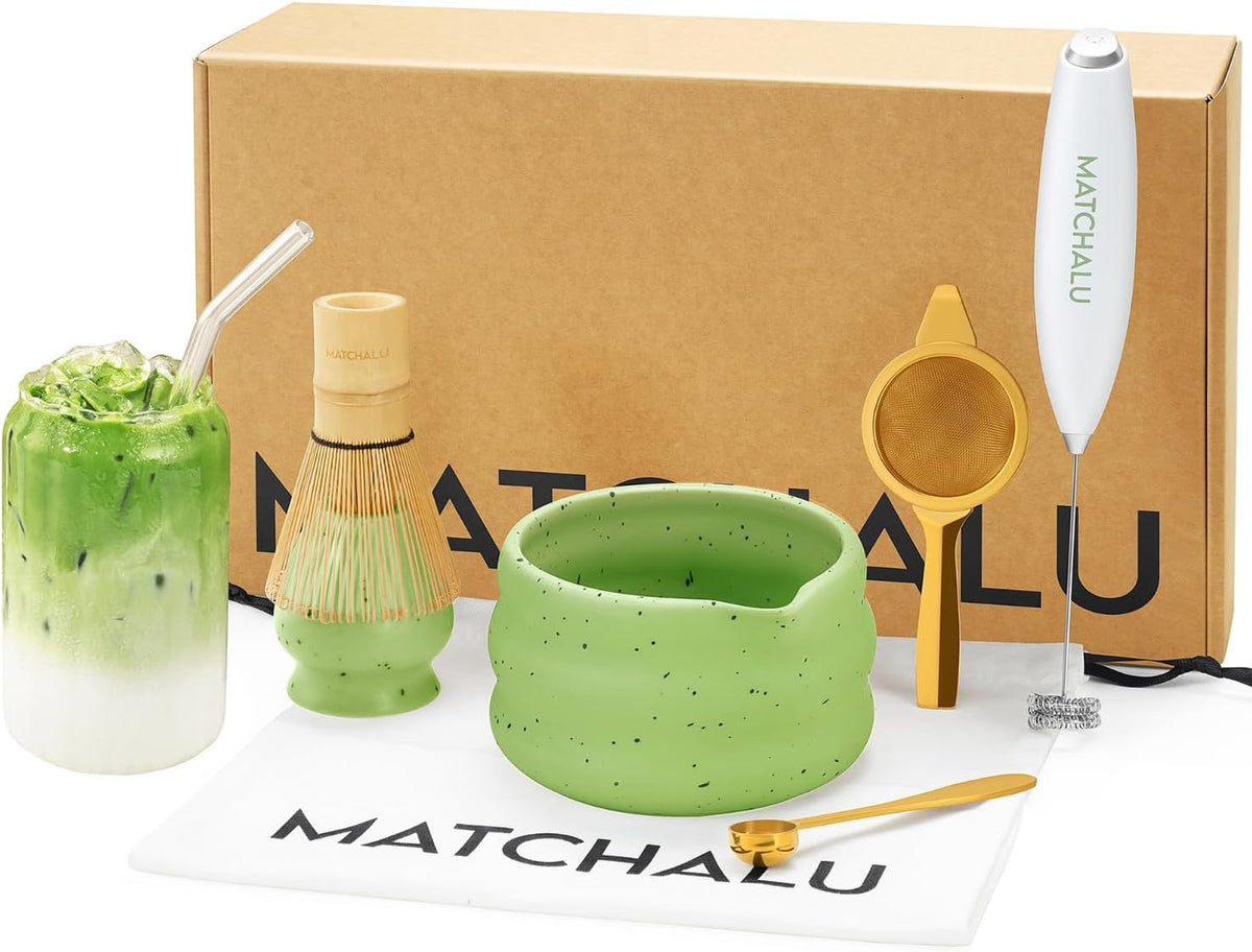 Matcha Whisk Set With Ceramic Matcha Bowl, Bamboo Whisk & Holder, Stainless Steel Spoon & Sifter, Glass Cup & Straw, Electric Frother, Storage Bag - Gift for Matcha Lovers (Premium 9-Piece Set White)