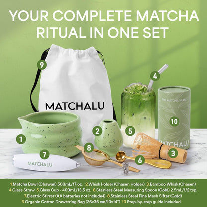 Matcha Whisk Set With Ceramic Matcha Bowl, Bamboo Whisk & Holder, Stainless Steel Spoon & Sifter, Glass Cup & Straw, Electric Frother, Storage Bag - Gift for Matcha Lovers (Premium 9-Piece Set White)