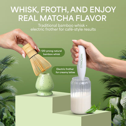 Matcha Whisk Set With Ceramic Matcha Bowl, Bamboo Whisk & Holder, Stainless Steel Spoon & Sifter, Glass Cup & Straw, Electric Frother, Storage Bag - Gift for Matcha Lovers (Premium 9-Piece Set White)