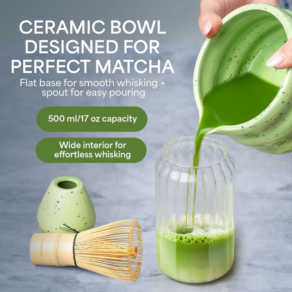 Matcha Whisk Set With Ceramic Matcha Bowl, Bamboo Whisk & Holder, Stainless Steel Spoon & Sifter, Glass Cup & Straw, Electric Frother, Storage Bag - Gift for Matcha Lovers (Premium 9-Piece Set White)