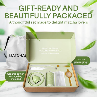 Matcha Whisk Set With Ceramic Matcha Bowl, Bamboo Whisk & Holder, Stainless Steel Spoon & Sifter, Glass Cup & Straw, Electric Frother, Storage Bag - Gift for Matcha Lovers (Premium 9-Piece Set White)