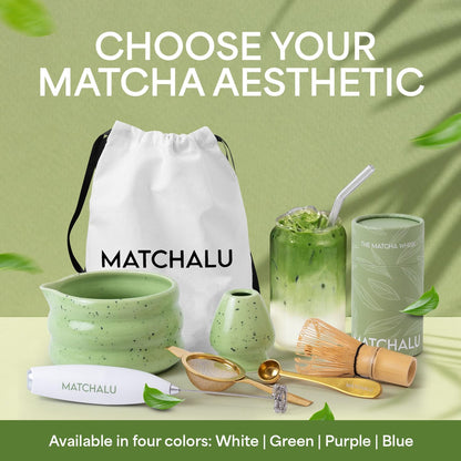 Matcha Whisk Set With Ceramic Matcha Bowl, Bamboo Whisk & Holder, Stainless Steel Spoon & Sifter, Glass Cup & Straw, Electric Frother, Storage Bag - Gift for Matcha Lovers (Premium 9-Piece Set White)