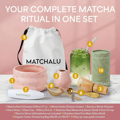 Matcha Whisk Set With Ceramic Matcha Bowl, Bamboo Whisk & Holder, Stainless Steel Spoon & Sifter, Glass Cup & Straw, Electric Frother, Storage Bag - Gift for Matcha Lovers (Premium 9-Piece Set White)