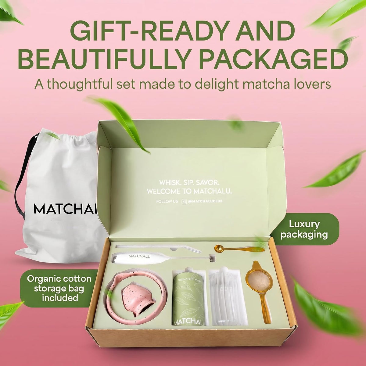 Matcha Whisk Set With Ceramic Matcha Bowl, Bamboo Whisk & Holder, Stainless Steel Spoon & Sifter, Glass Cup & Straw, Electric Frother, Storage Bag - Gift for Matcha Lovers (Premium 9-Piece Set White)