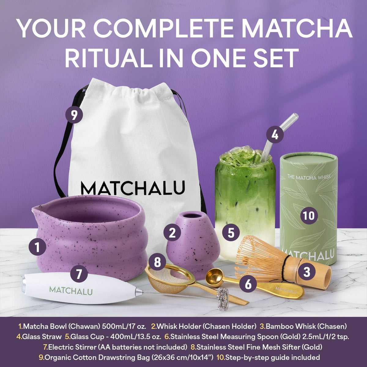 Matcha Whisk Set With Ceramic Matcha Bowl, Bamboo Whisk & Holder, Stainless Steel Spoon & Sifter, Glass Cup & Straw, Electric Frother, Storage Bag - Gift for Matcha Lovers (Premium 9-Piece Set White)