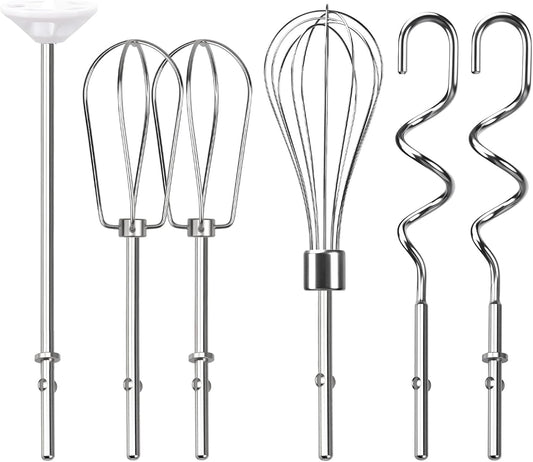 Hand Mixer Beaters Attachments, Whisk, Dough Hooks, and Liquid Blending Rod, Stainless Steel Hand Mixer Accessories Compatible with Kitchenaid Hand Mixers KHM3 KHM5 KHM7 KHM9, KHM926, KHM512, Set of 6