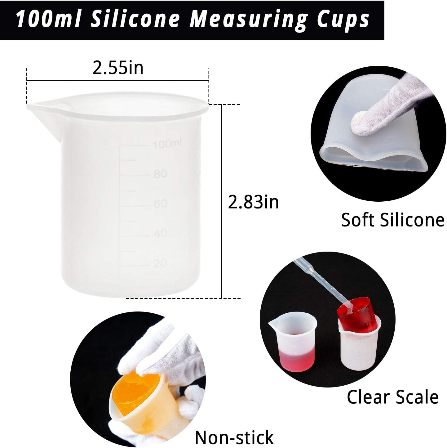250ml Silicone Measuring Cups, 4 PCS Large Nonstick Reusable Silicone Mixing Cups Durable Easy Clean for Epoxy Resin, Casting Molds, Stain Jewelry Making, Waxing, DIY, Art, Craft