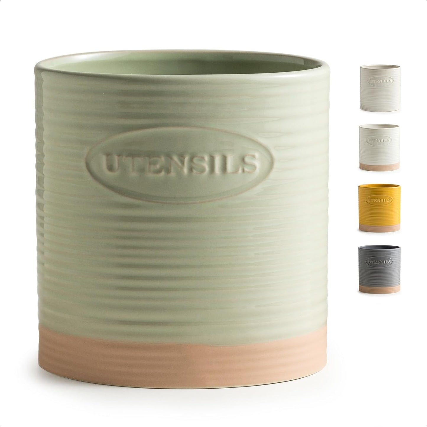 Kitchen Utensil Holder, Ceramic Utensil Holder for Kitchen Counter | 6.7" Large Cooking Utensil Crock for Spatulas,Spoons, Farmhouse Utensil Organizer Storage, Oval Opening, Two-Tone, Green