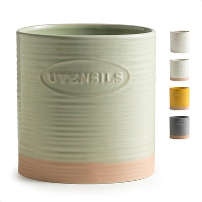 Kitchen Utensil Holder, Ceramic Utensil Holder for Kitchen Counter | 6.7" Large Cooking Utensil Crock for Spatulas,Spoons, Farmhouse Utensil Organizer Storage, Oval Opening, Two-Tone, Green