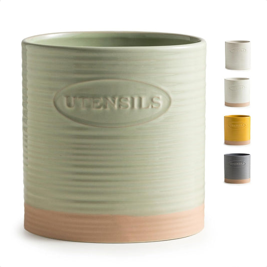 Kitchen Utensil Holder, Ceramic Utensil Holder for Kitchen Counter | 6.7" Large Cooking Utensil Crock for Spatulas,Spoons, Farmhouse Utensil Organizer Storage, Oval Opening, Two-Tone, Green