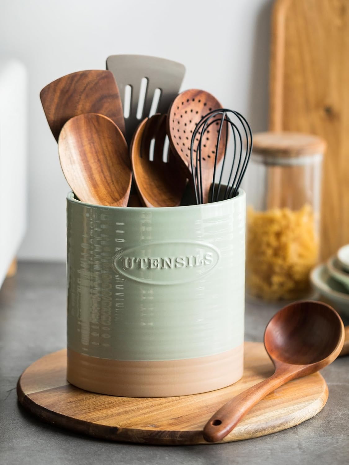 Kitchen Utensil Holder, Ceramic Utensil Holder for Kitchen Counter | 6.7" Large Cooking Utensil Crock for Spatulas,Spoons, Farmhouse Utensil Organizer Storage, Oval Opening, Two-Tone, Green
