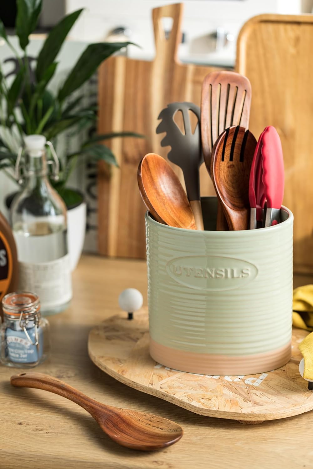Kitchen Utensil Holder, Ceramic Utensil Holder for Kitchen Counter | 6.7" Large Cooking Utensil Crock for Spatulas,Spoons, Farmhouse Utensil Organizer Storage, Oval Opening, Two-Tone, Green