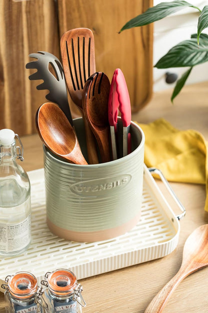 Kitchen Utensil Holder, Ceramic Utensil Holder for Kitchen Counter | 6.7" Large Cooking Utensil Crock for Spatulas,Spoons, Farmhouse Utensil Organizer Storage, Oval Opening, Two-Tone, Green
