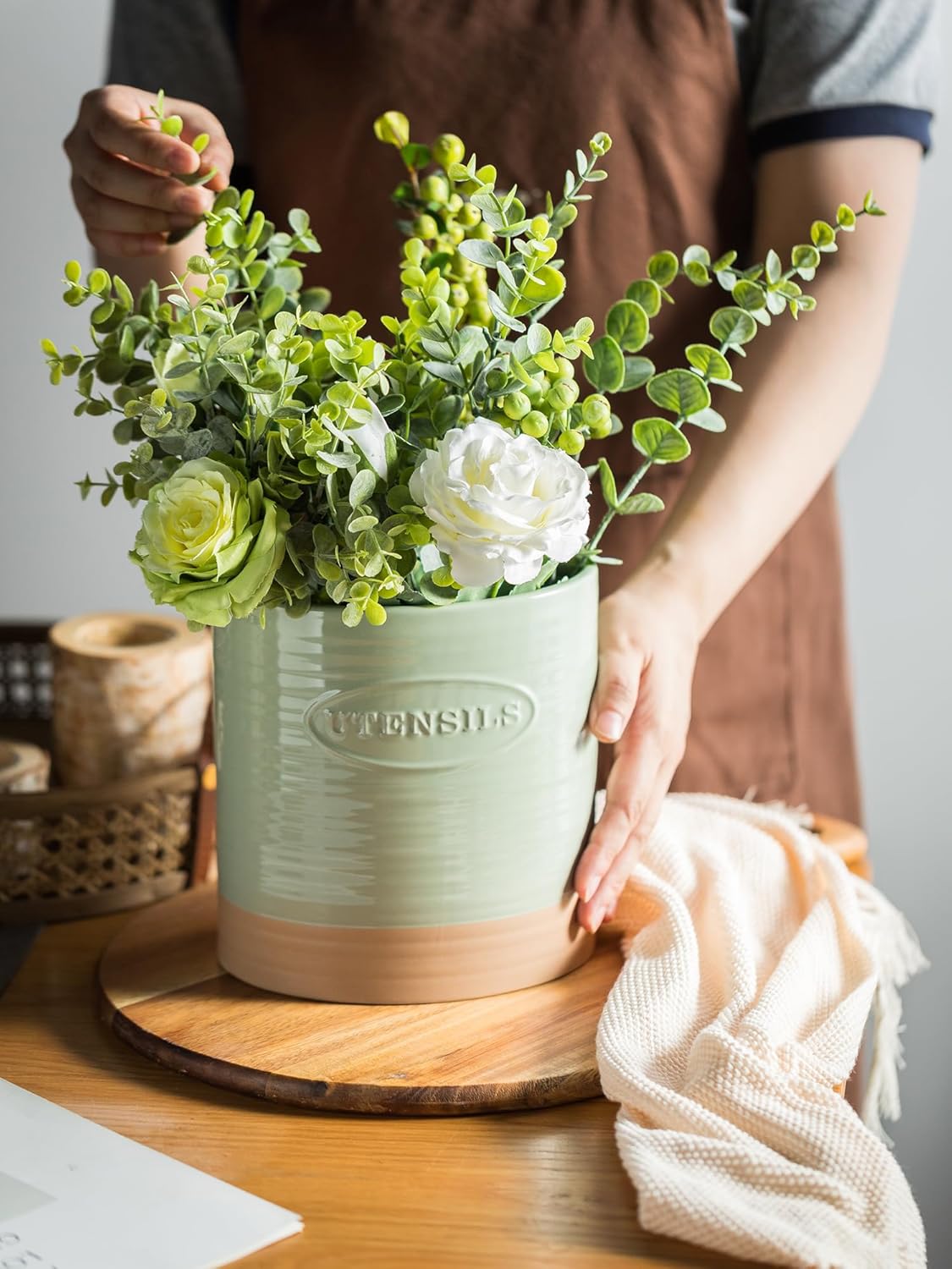 Kitchen Utensil Holder, Ceramic Utensil Holder for Kitchen Counter | 6.7" Large Cooking Utensil Crock for Spatulas,Spoons, Farmhouse Utensil Organizer Storage, Oval Opening, Two-Tone, Green
