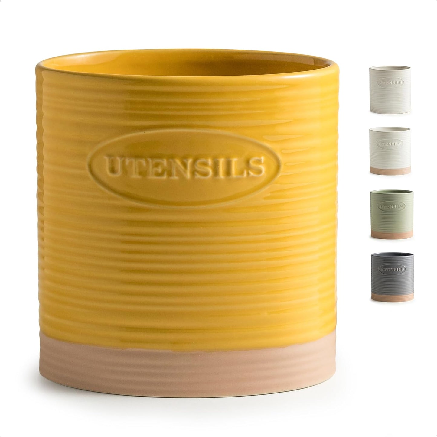Kitchen Utensil Holder, Ceramic Utensil Holder for Kitchen Counter | 6.7" Large Cooking Utensil Crock for Spatulas,Spoons, Farmhouse Utensil Organizer Storage, Oval Opening, Two-Tone, Green