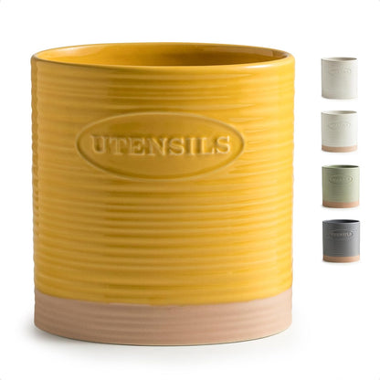 Kitchen Utensil Holder, Ceramic Utensil Holder for Kitchen Counter | 6.7" Large Cooking Utensil Crock for Spatulas,Spoons, Farmhouse Utensil Organizer Storage, Oval Opening, Two-Tone, Green