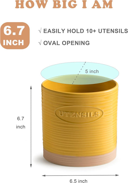 Kitchen Utensil Holder, Ceramic Utensil Holder for Kitchen Counter | 6.7" Large Cooking Utensil Crock for Spatulas,Spoons, Farmhouse Utensil Organizer Storage, Oval Opening, Two-Tone, Green