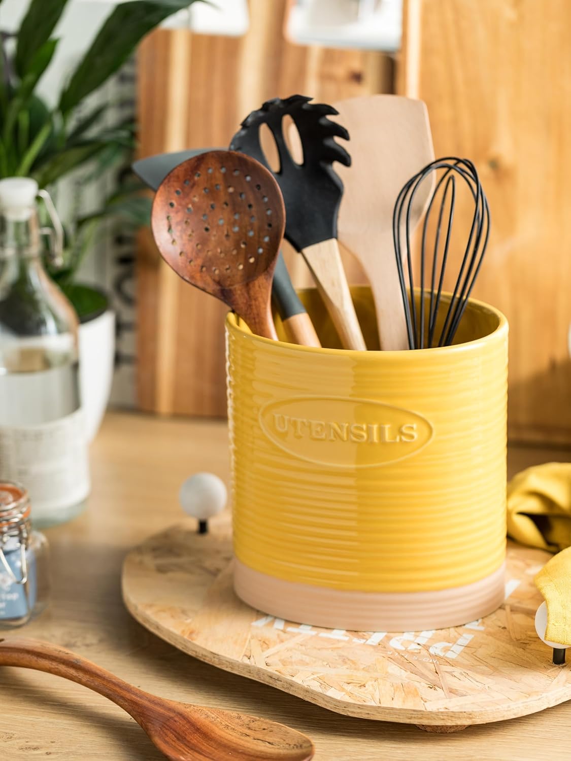 Kitchen Utensil Holder, Ceramic Utensil Holder for Kitchen Counter | 6.7" Large Cooking Utensil Crock for Spatulas,Spoons, Farmhouse Utensil Organizer Storage, Oval Opening, Two-Tone, Green