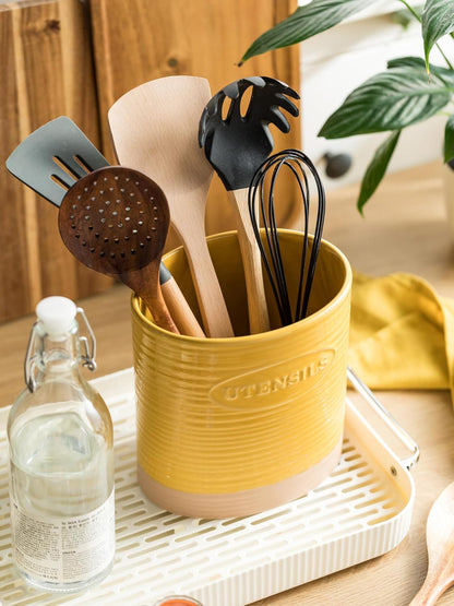 Kitchen Utensil Holder, Ceramic Utensil Holder for Kitchen Counter | 6.7" Large Cooking Utensil Crock for Spatulas,Spoons, Farmhouse Utensil Organizer Storage, Oval Opening, Two-Tone, Green